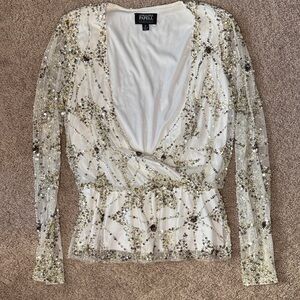 Adrianna Papell Ivory Sequin Wrap Peplum Blouse